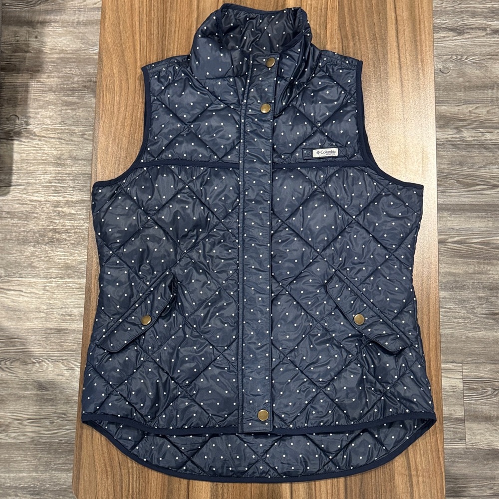 Columbia PFG Navy Blue Quilted Vest with Polka Dot Pattern